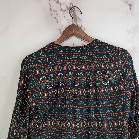 Mod Cloth Fun2Fun Blouse Women Medium Boho Tribal Navy Green Peasant Aztec Sheer - Picture 6 of 12